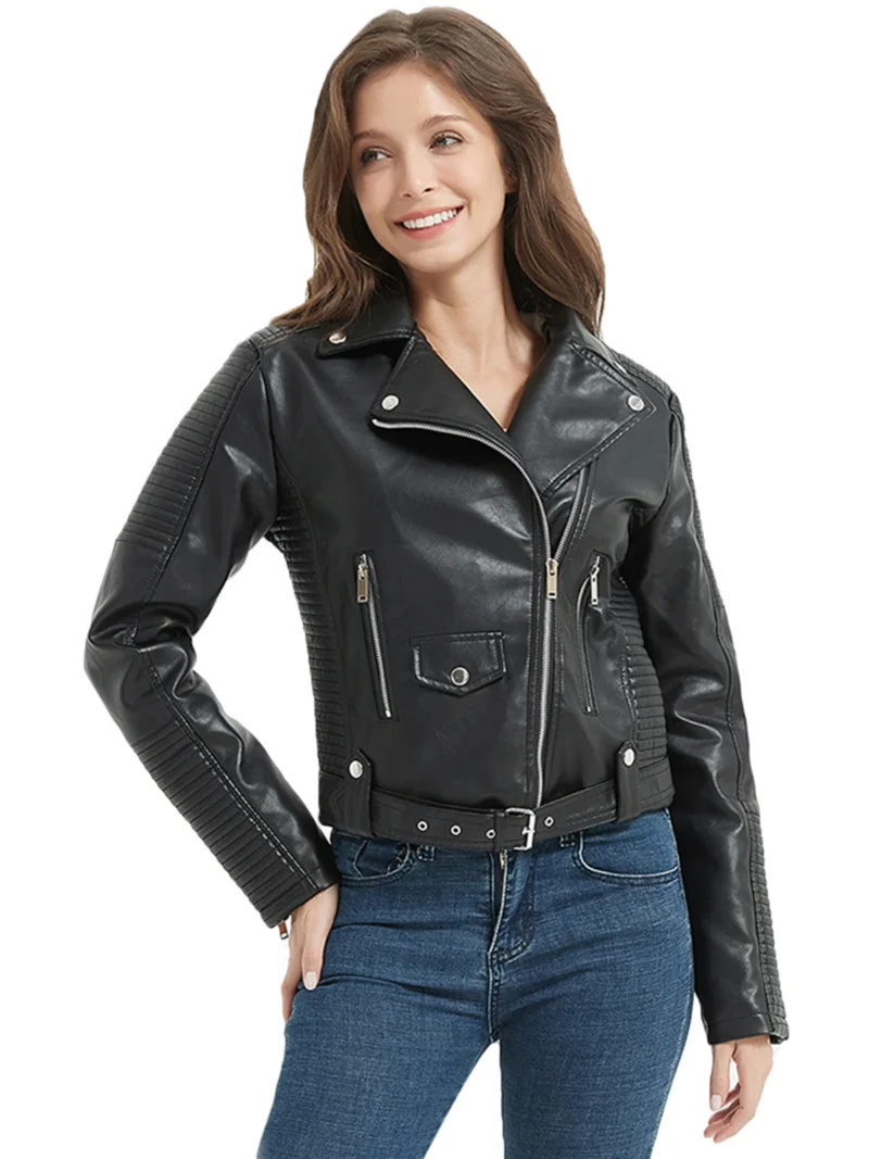 Fitaylor Women Faux PU Leather Jacket High Street Lapel Zipper Leather Coat Casual Lady Black Outwear - Image 3