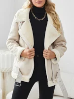 Lady Streetwear Women Thick Warm Fuax Leather Fur Jacket with Belt Autumn Winter Female Moto Biker Loose Coat Outwear