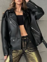 Lady New Spring Autumn Women Loose Black Pu Faux Leather Jacket Moto Biker Streetwear Female Zipper Belt Coat Outwear